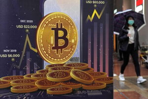 FILE - An advertisement for Bitcoin cryptocurrency is displayed on a street in Hong Kong, Thursday, Feb. 17, 2022. It's been a wild week in crypto, even by crypto standards. Bitcoin tumbled, stablecoins were anything but stable and one of the crypto industry's highest-profile companies lost a third of its market value.