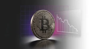 Bitcoin coin in studio lighting with declining graph and purple gradient grid showing whale accumulation stall