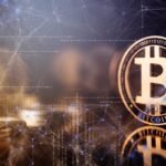 Gold Bitcoin surrounded by charts and graphs.